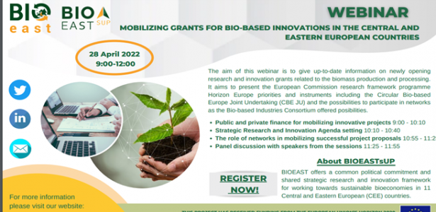 SAVE THE DATE – Webinar on Mobilizing grants for bio-based innovations in the Central and Eastern European countries 28 APR 2022 9:00-12:00 (CET)